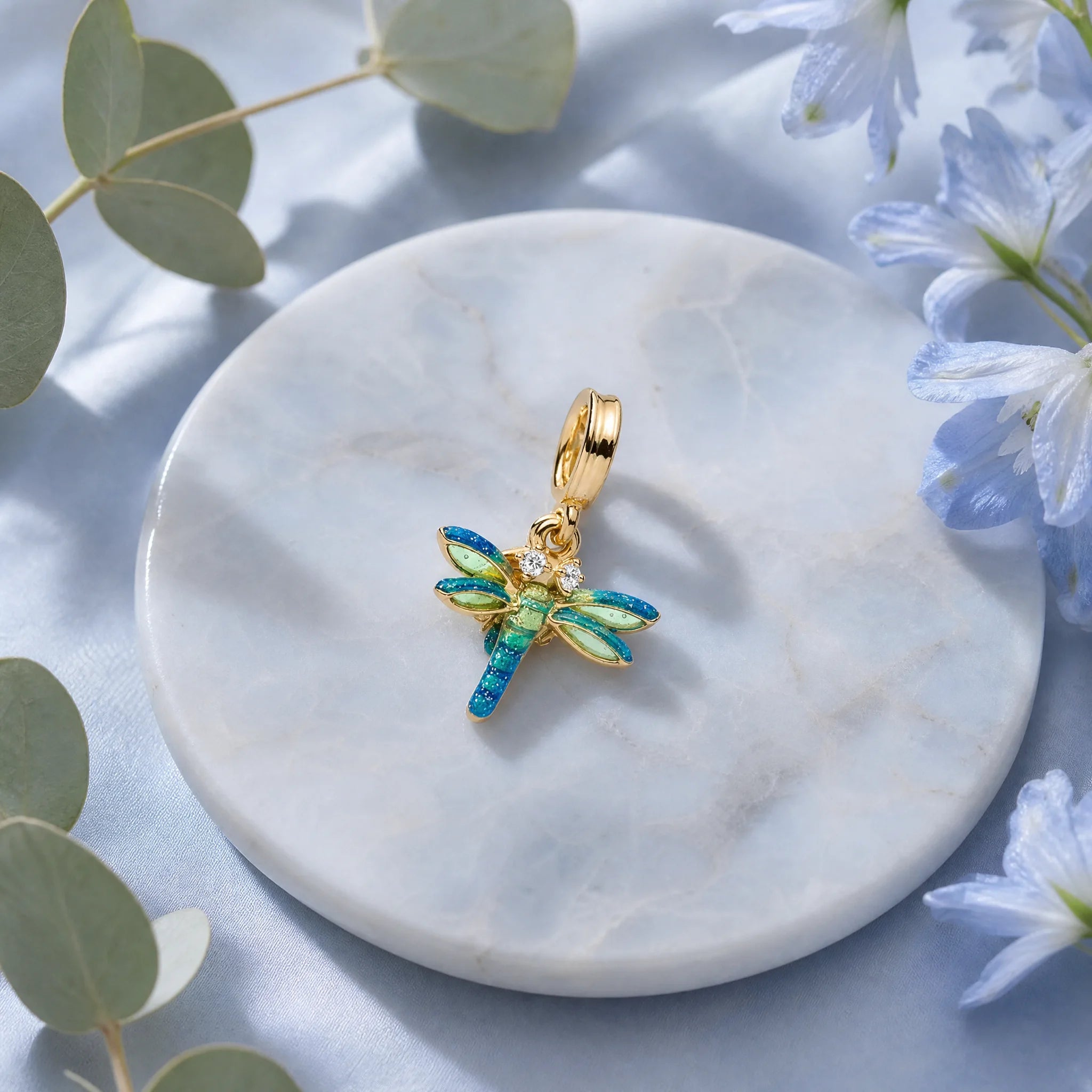 CALEO Nature & Flowers color-matched lifestyle image - Gold Blue Dragonfly Dangle Charm - nature-flowers-color-blue-ref21-gold-blue-dragonfly-dangle-charm - 2026-07-27