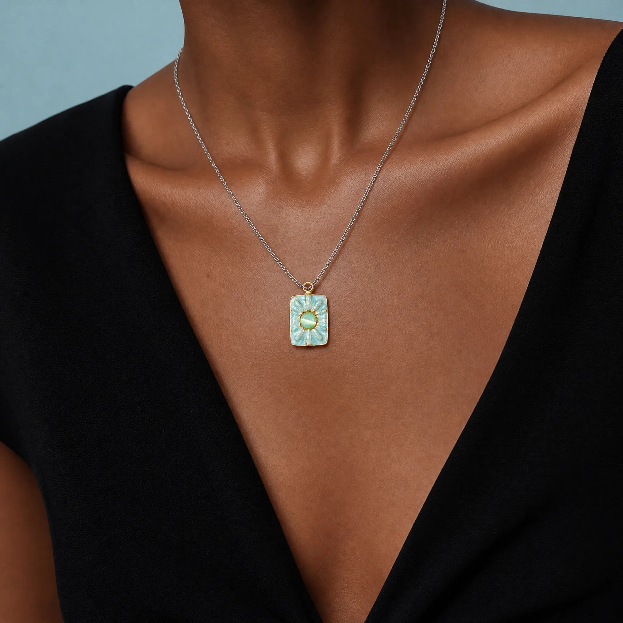 CALEO Nature & Flowers color-matched lifestyle image - Gold Blue Flower Pendant Charm - nature-flowers-color-blue-ref28-gold-blue-flower-pendant-charm - 2026-07-27