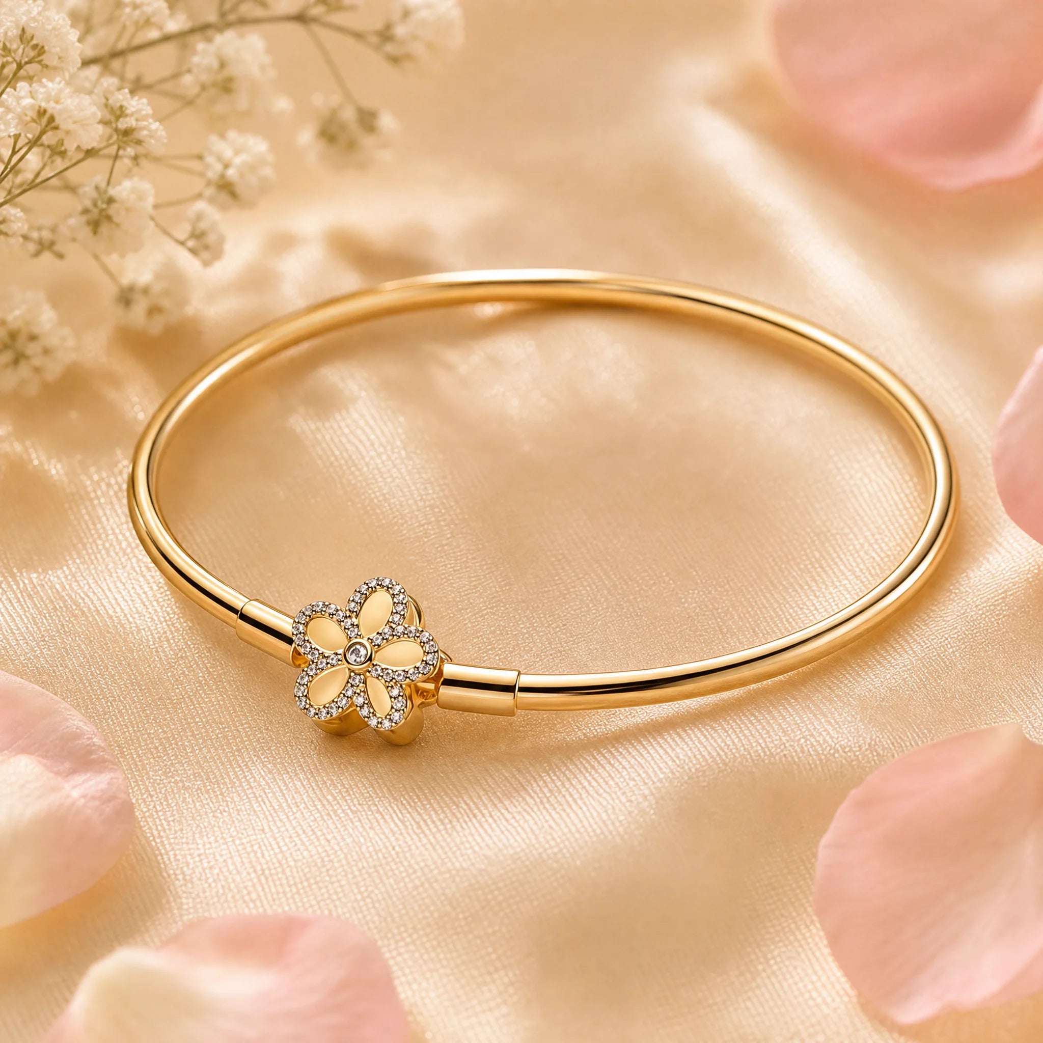 CALEO Nature & Flowers color-matched lifestyle image - Gold Flower Bangle Bracelet - nature-flowers-color-gold-ref23-gold-flower-bangle-bracelet - 2026-07-27