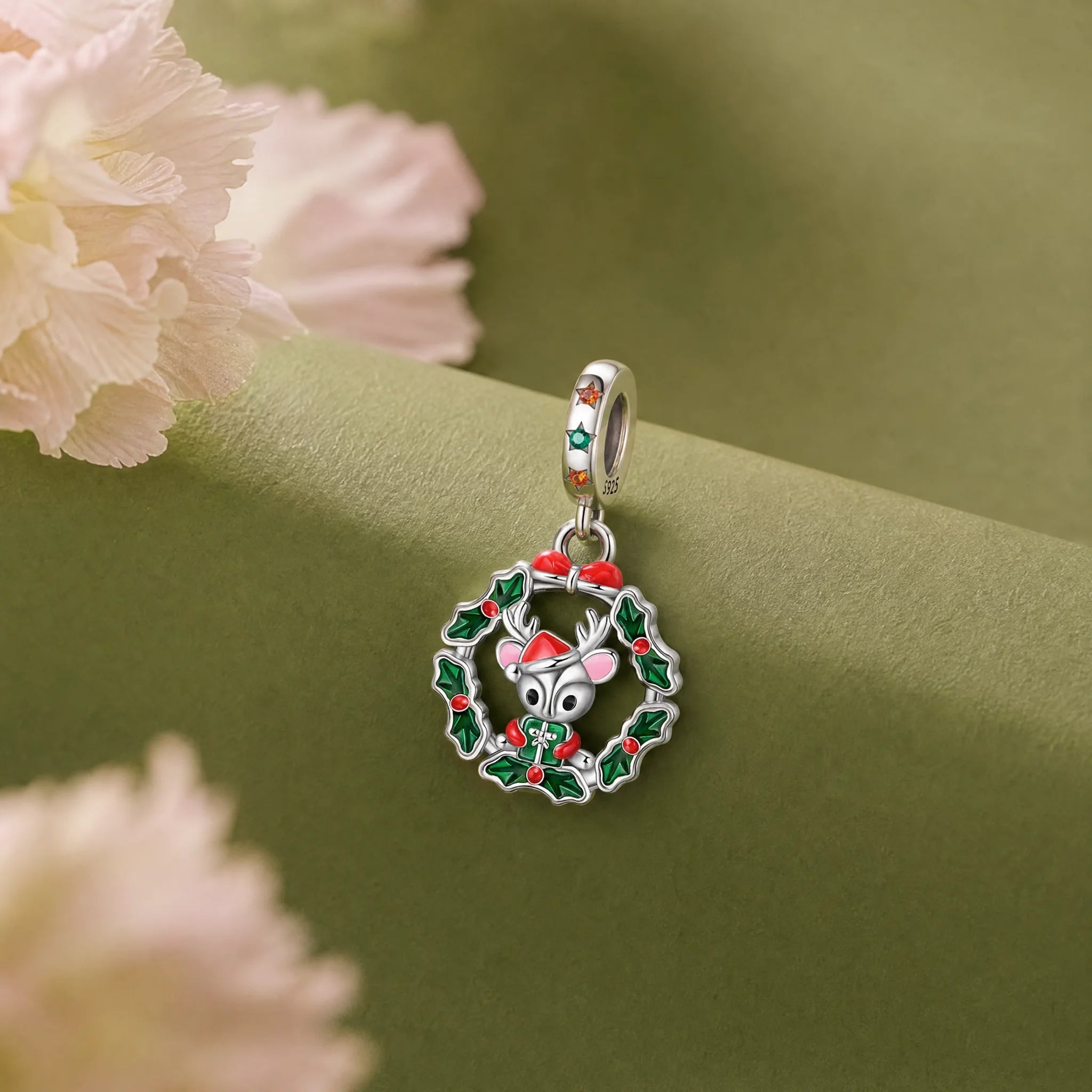 CALEO Nature & Flowers color-matched lifestyle image - Reindeer Holly Wreath Dangle Charm - nature-flowers-color-green-ref10-reindeer-holly-wreath-dangle-charm - 2026-07-27