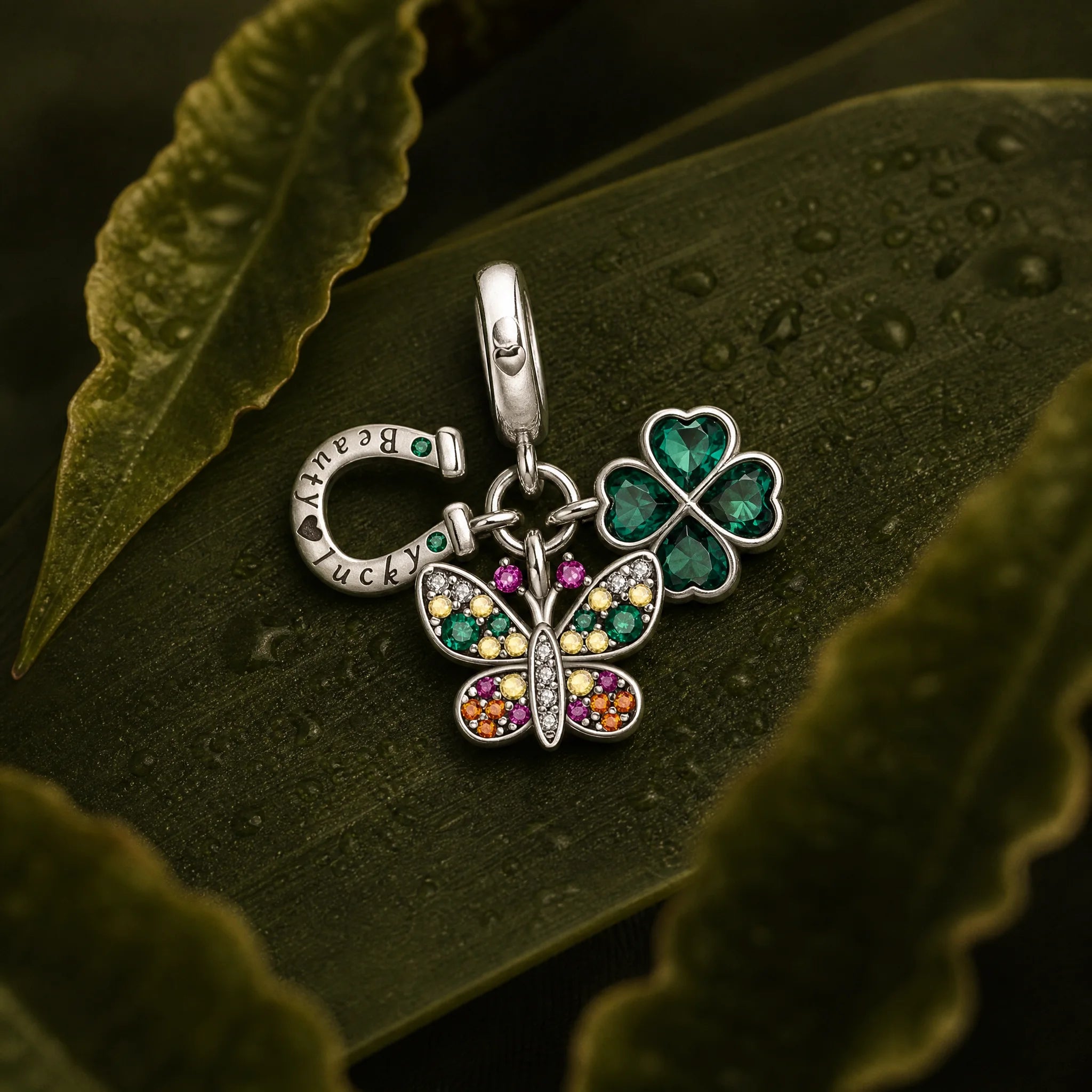 CALEO Nature & Flowers color-matched lifestyle image - Lucky Clover & Butterfly Cluster Charm - nature-flowers-color-green-ref27-lucky-clover-butterfly-cluster-charm - 2026-07-27