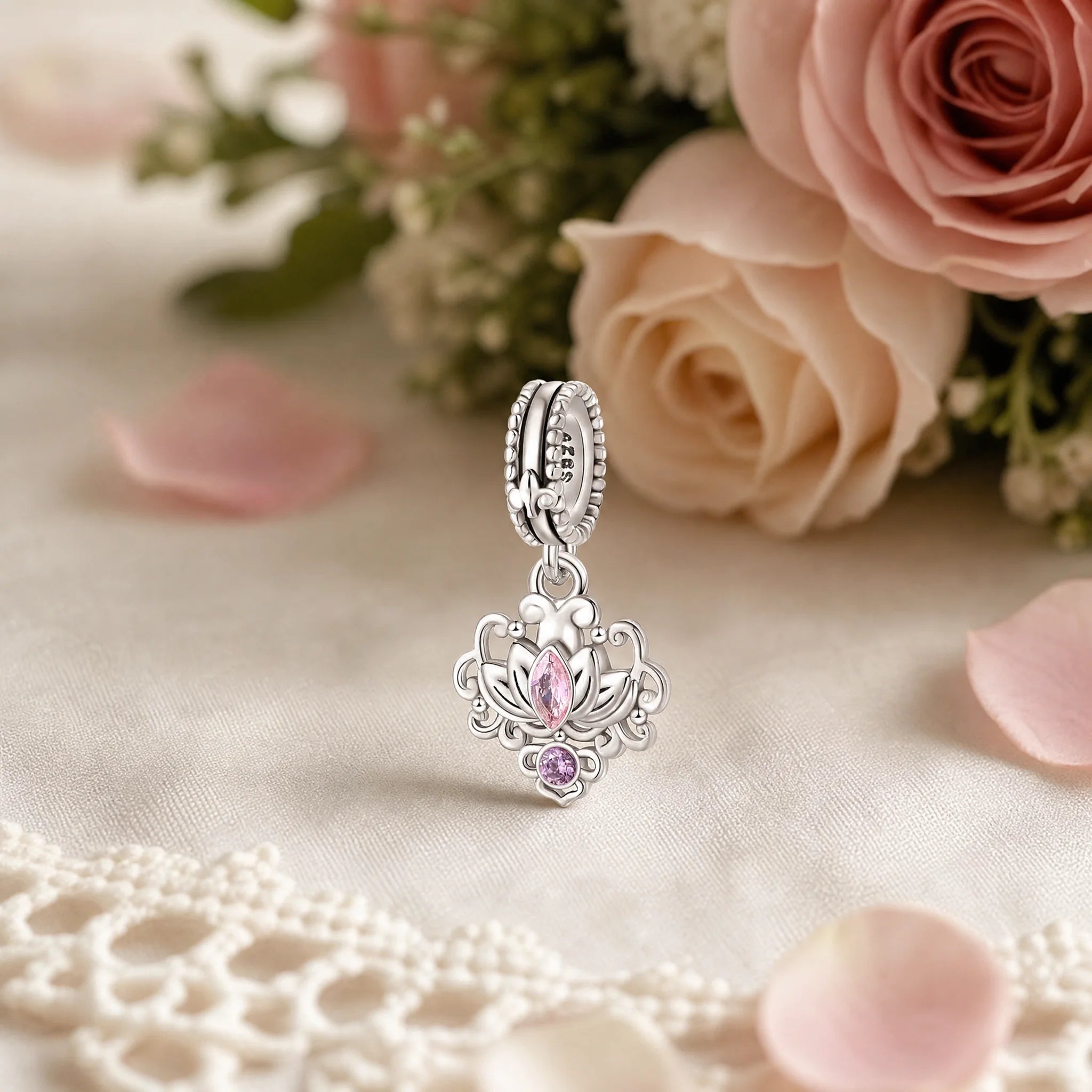 CALEO Nature & Flowers color-matched lifestyle image - Pink Crystal Lotus Dangle Charm - nature-flowers-color-pink-ref13-pink-crystal-lotus-dangle-charm - 2026-07-27