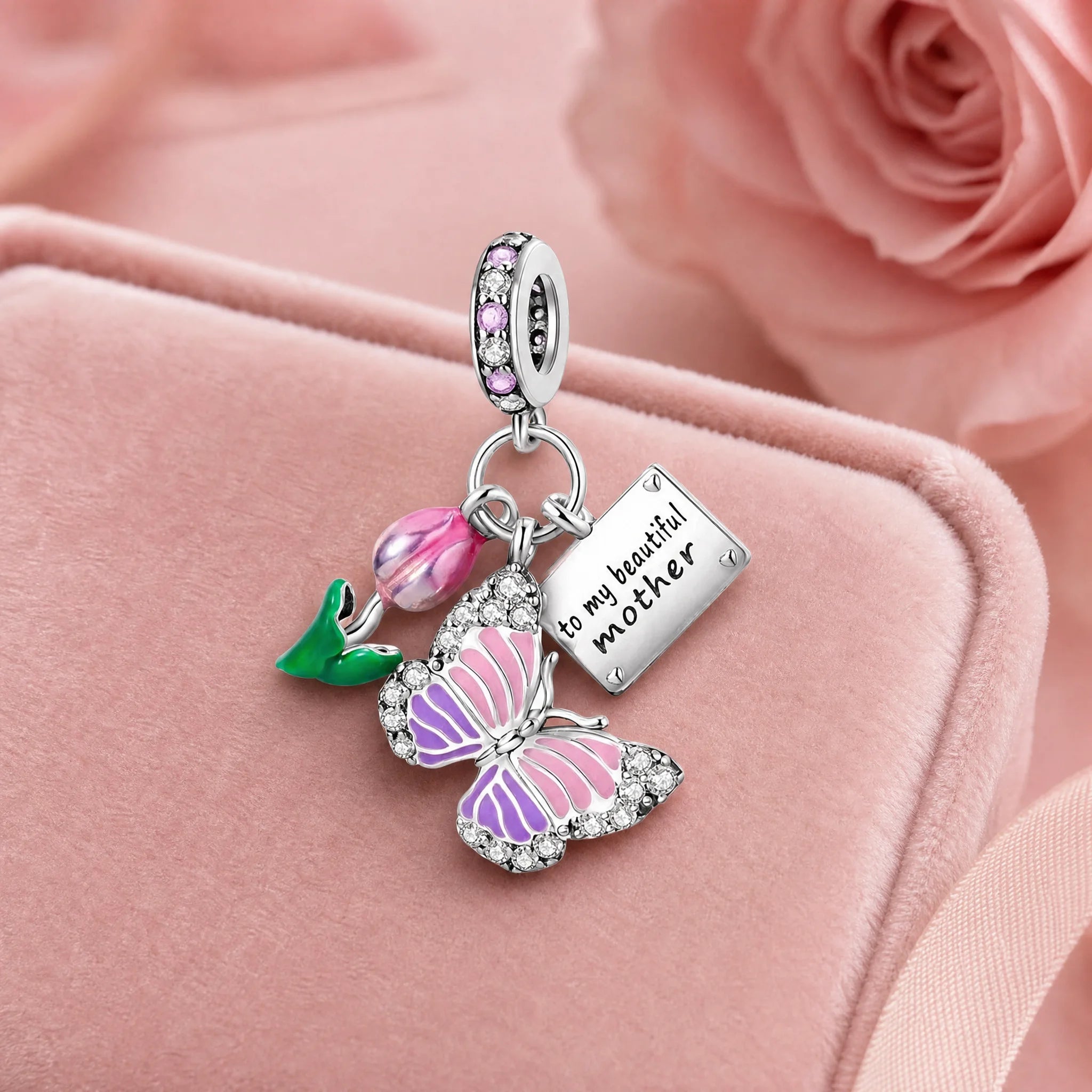 CALEO Nature & Flowers color-matched lifestyle image - Pink Butterfly Love Letter Dangle Charm - nature-flowers-color-pink-ref14-pink-butterfly-love-letter-dangle-charm - 2026-07-27