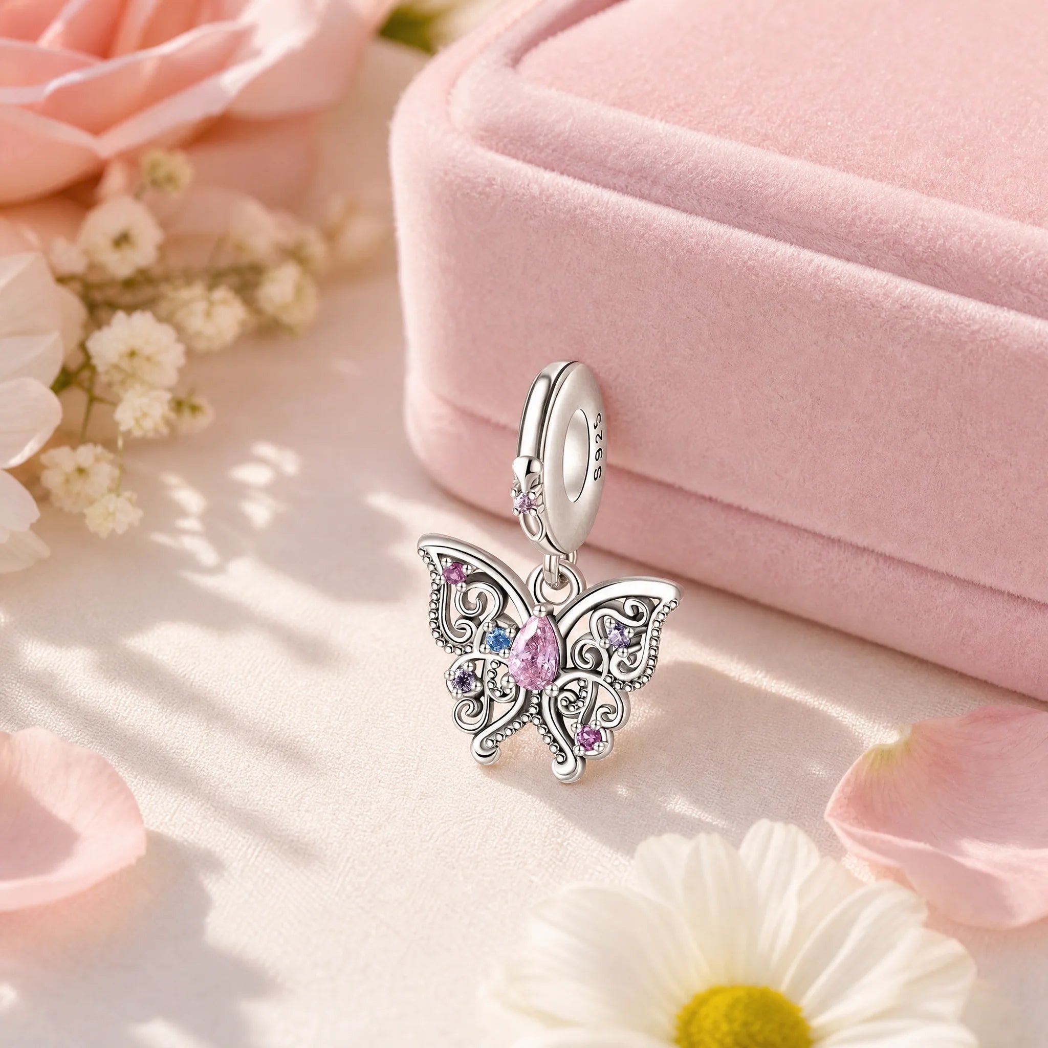 CALEO Nature & Flowers color-matched lifestyle image - Pink Butterfly Heart Dangle Charm - nature-flowers-color-pink-ref15-pink-butterfly-heart-dangle-charm - 2026-07-27