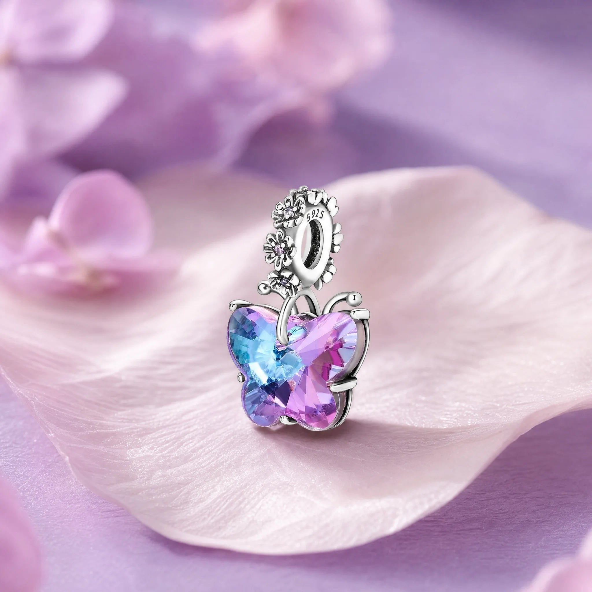 CALEO Nature & Flowers color-matched lifestyle image - Purple Crystal Butterfly Dangle Charm - nature-flowers-color-purple-ref06-purple-crystal-butterfly-dangle-charm - 2026-07-27
