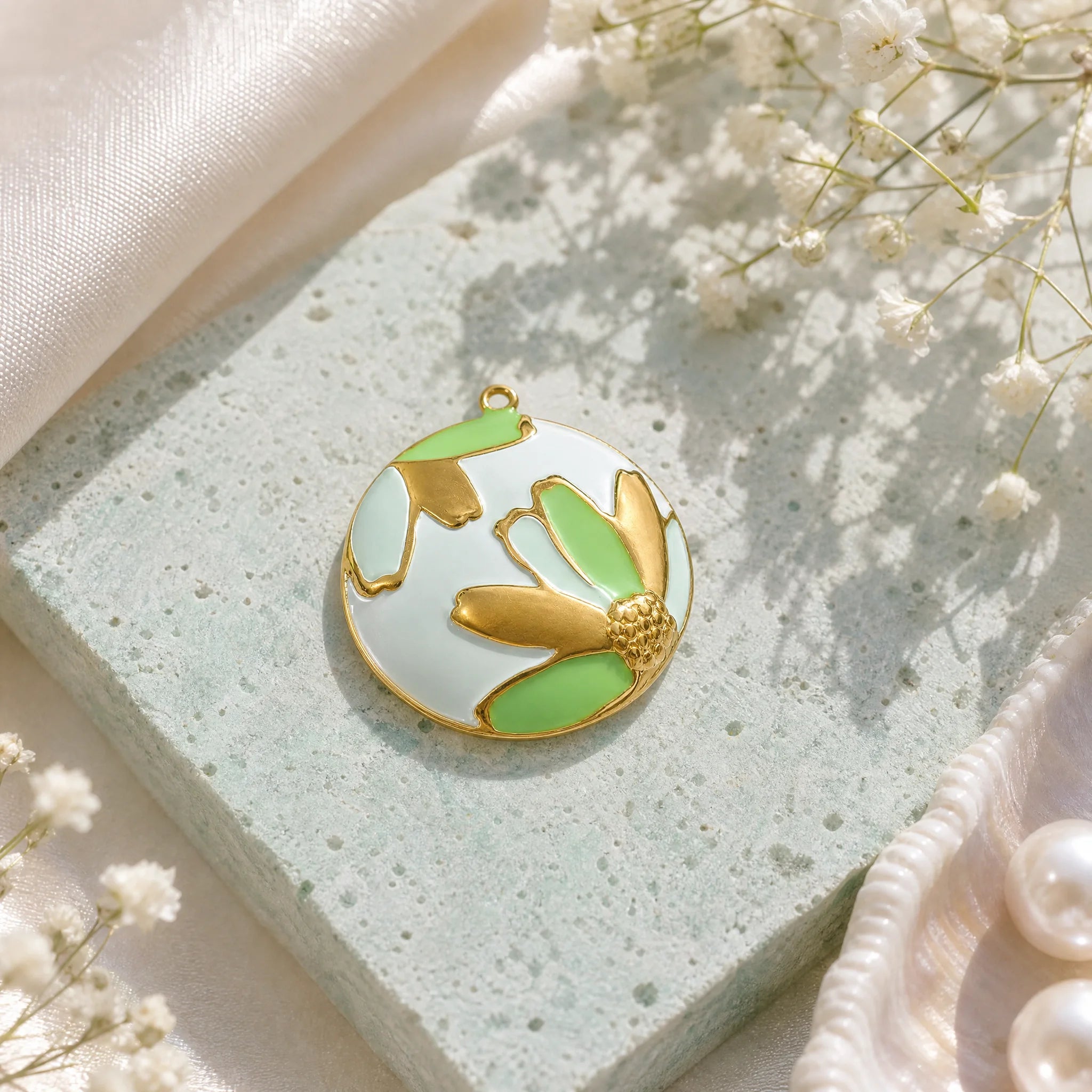 CALEO Nature & Flowers color-matched lifestyle image - Mint Petal Medallion Charm Set - nature-flowers-color-teal-ref18-mint-petal-medallion-charm-set - 2026-07-27