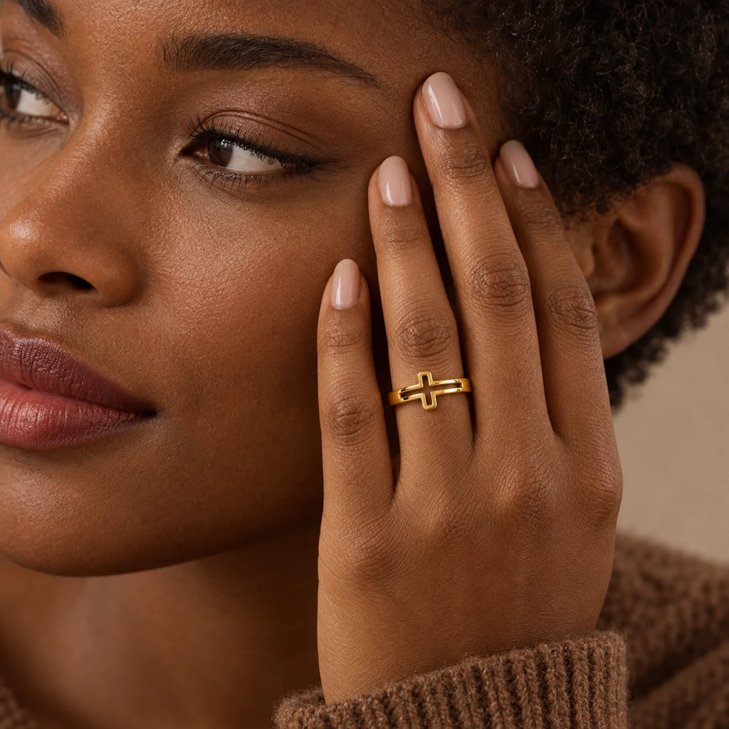 Open Grace Cross Ring - lifestyle gold temple