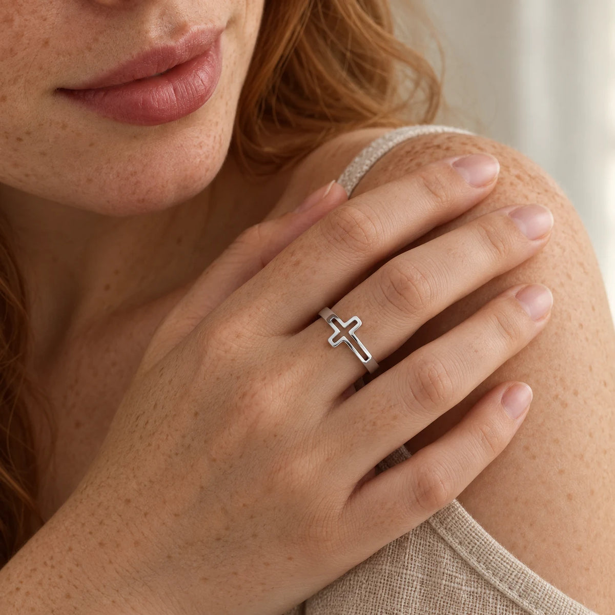 Open Grace Cross Ring - lifestyle silver shoulder