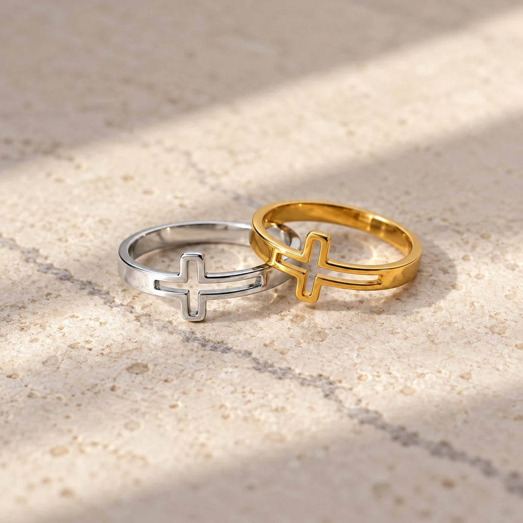 Open Grace Cross Ring - flatlay gold silver