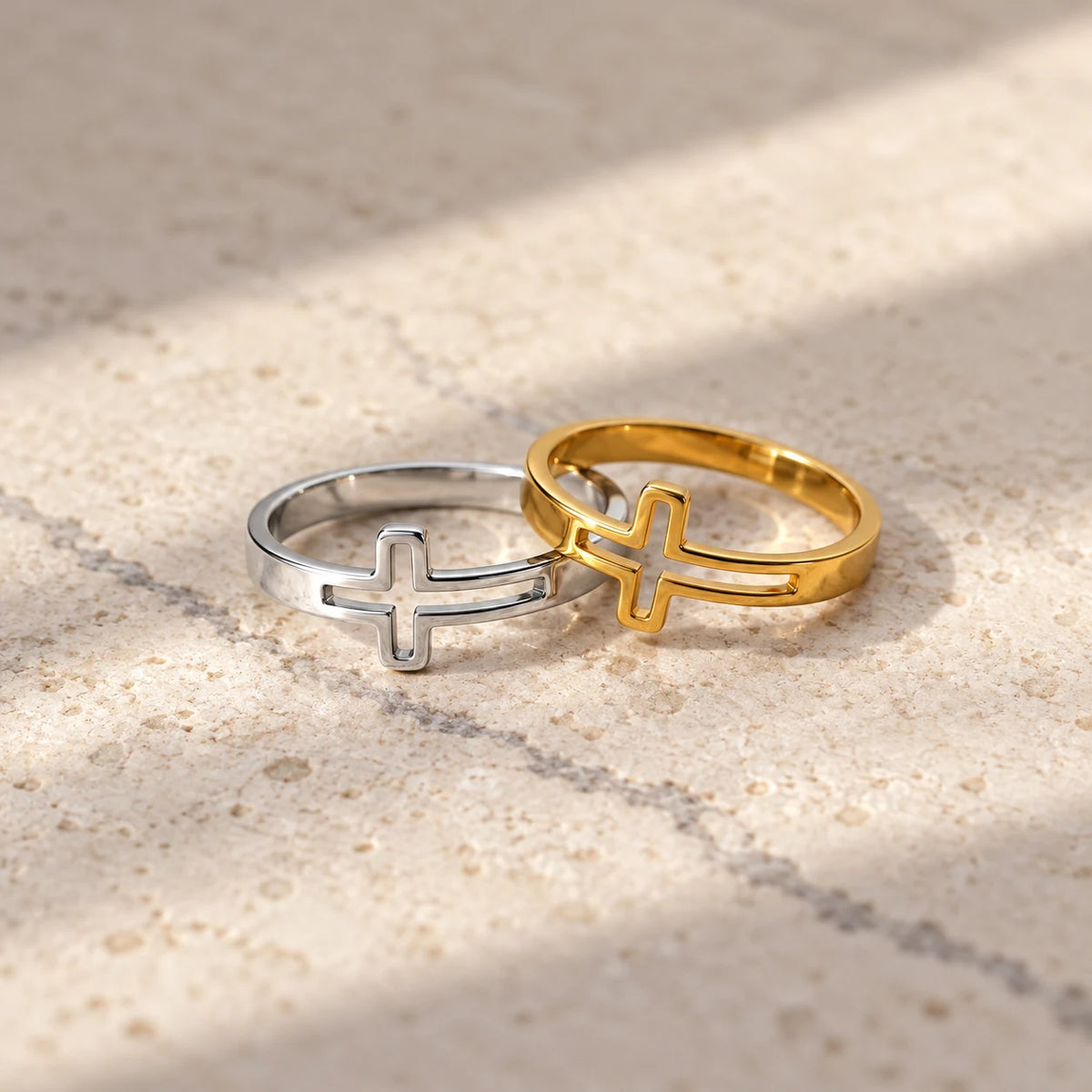 Open Grace Cross Ring - flatlay gold silver