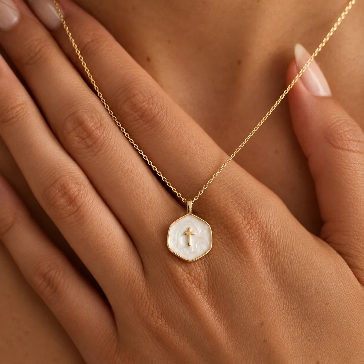 Pearl Grace Cross Necklace - pearl grace cross white hands