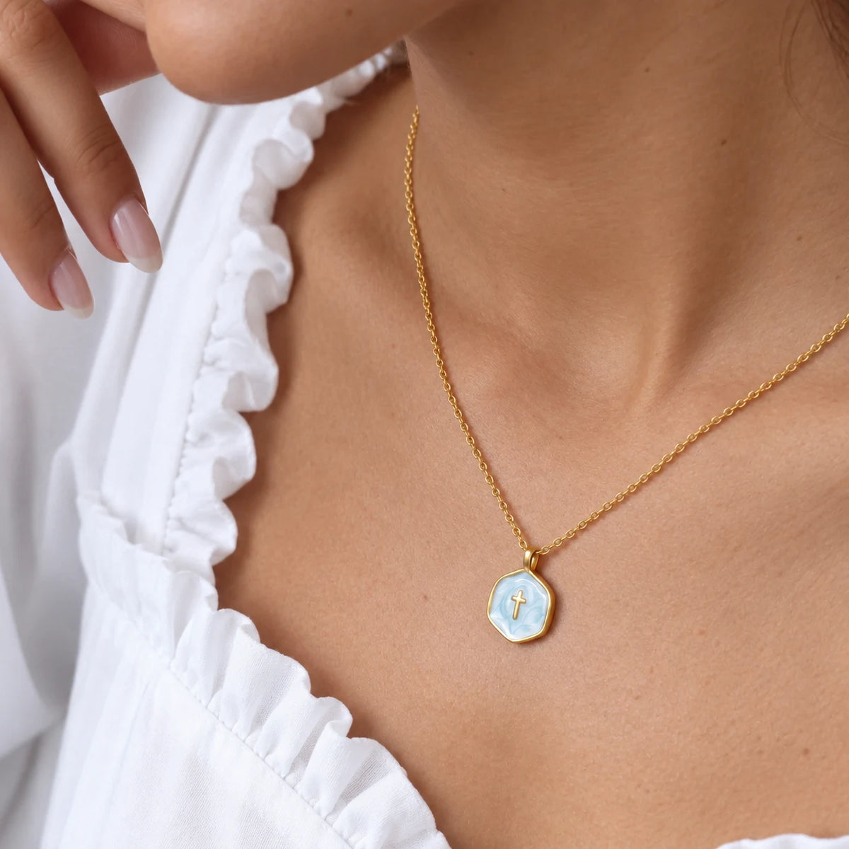 Pearl Grace Cross Necklace - pearl grace cross blue worn