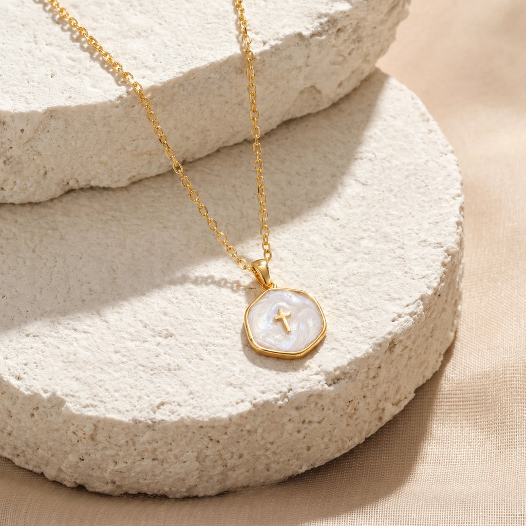Pearl Grace Cross Necklace - pearl grace cross white stone still life