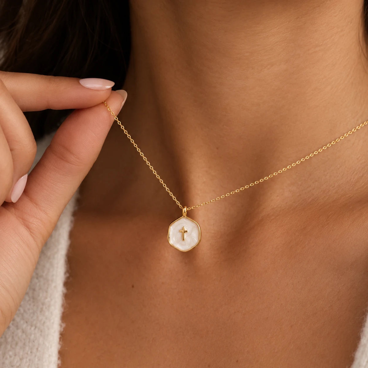 Pearl Grace Cross Necklace - pearl grace cross white chain detail
