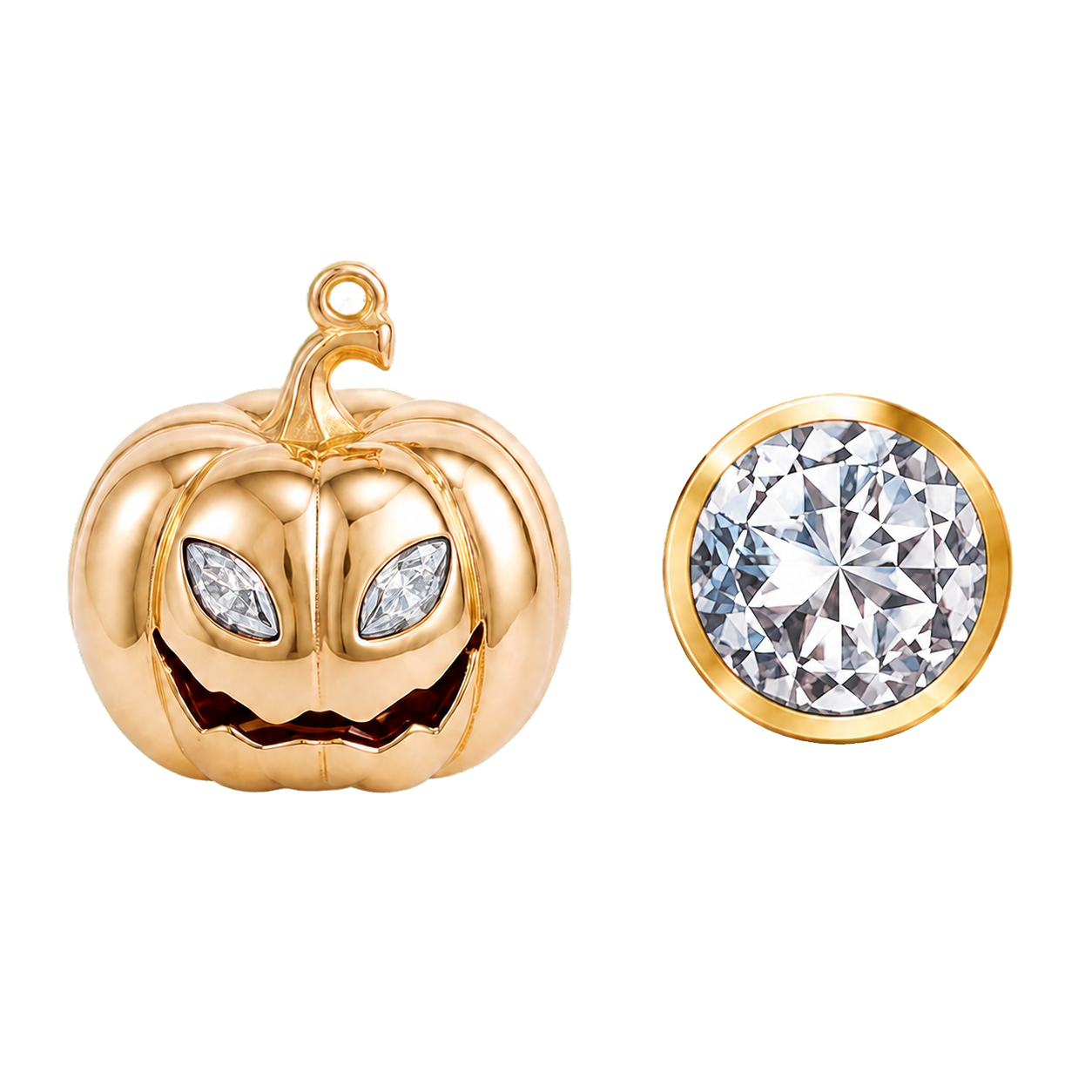Personalised Halloween pumpkin necklace with April Diamond eyes and matching gemstone