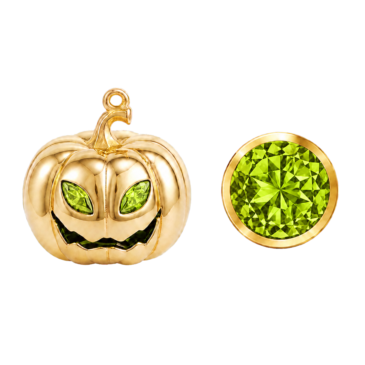 Personalised Halloween pumpkin necklace with August Peridot eyes and matching gemstone