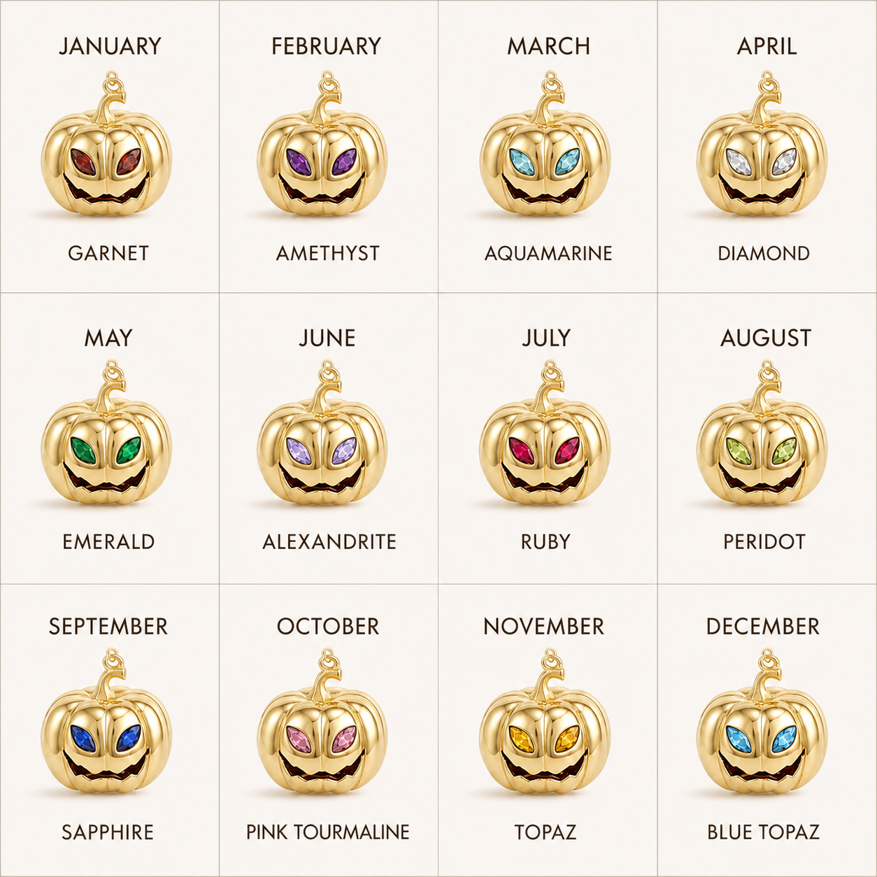 Twelve birthstone colour options for personalised Halloween pumpkin necklace