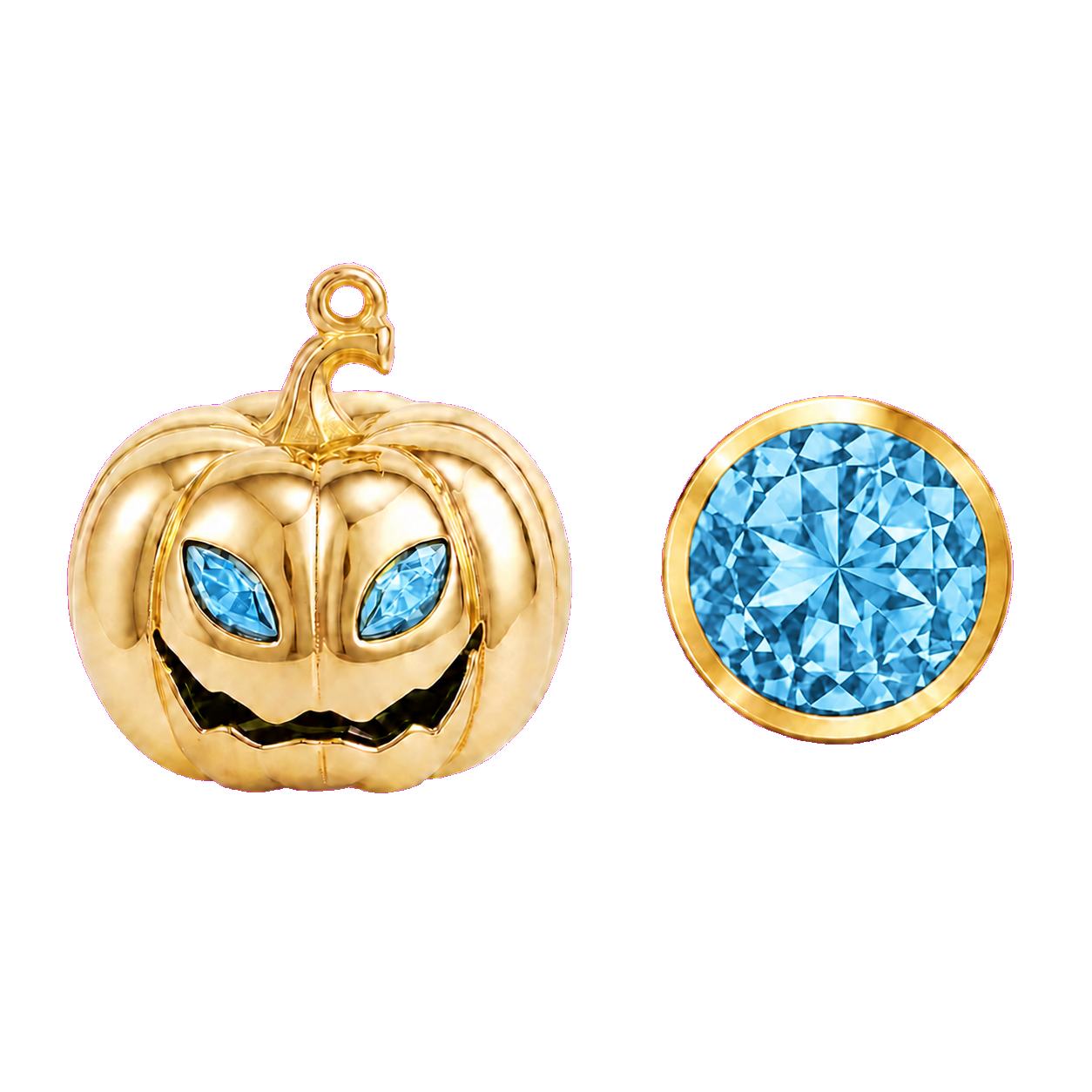 Personalised Halloween pumpkin necklace with December Blue Topaz eyes and matching gemstone