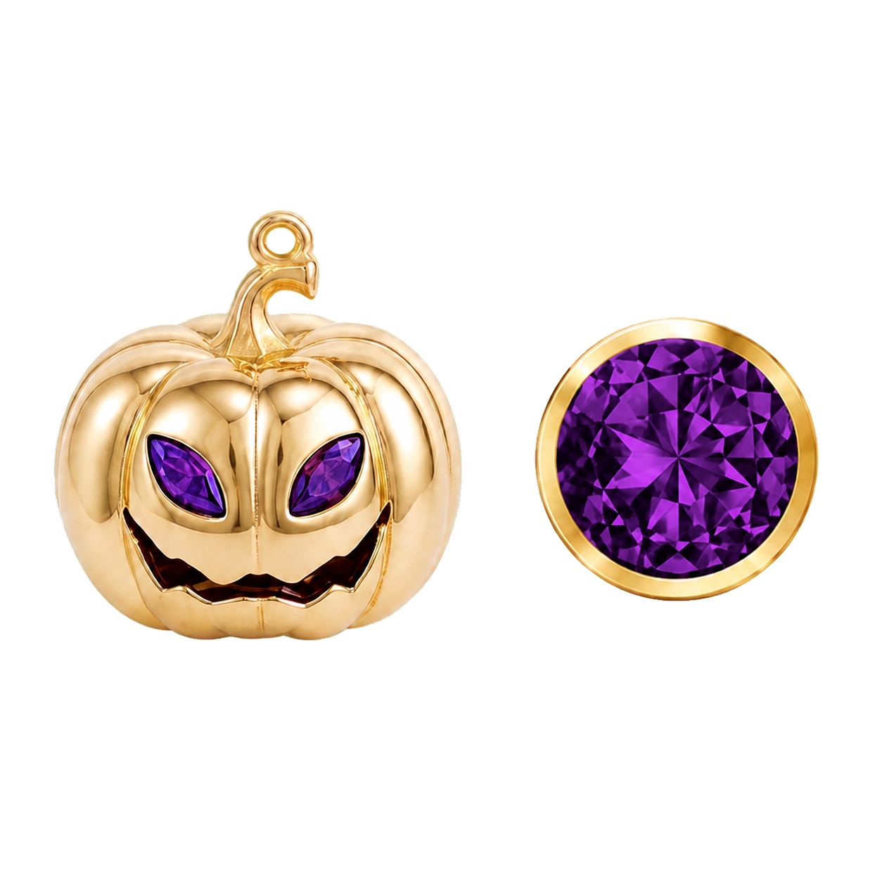 Personalised Halloween pumpkin necklace with February Amethyst eyes and matching gemstone