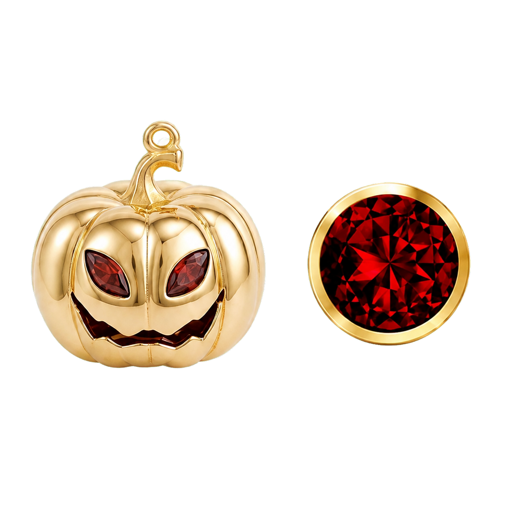 Personalised Halloween pumpkin necklace with January Garnet eyes and matching gemstone