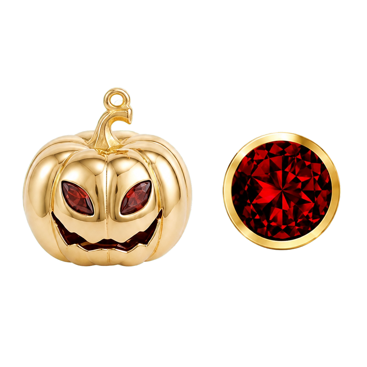 Personalised Halloween pumpkin necklace with January Garnet eyes and matching gemstone