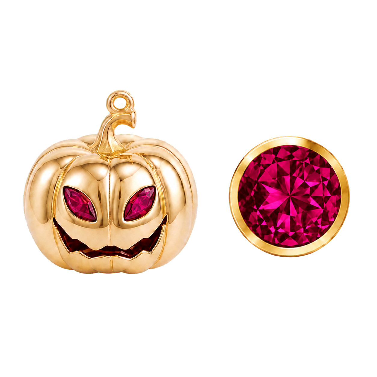 Personalised Halloween pumpkin necklace with July Ruby eyes and matching gemstone