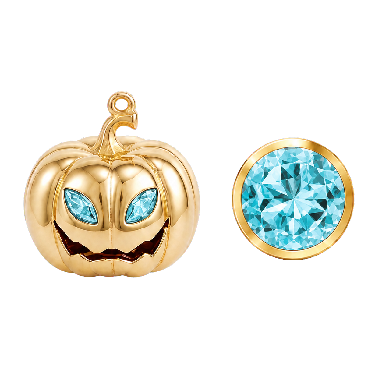 Personalised Halloween pumpkin necklace with March Aquamarine eyes and matching gemstone