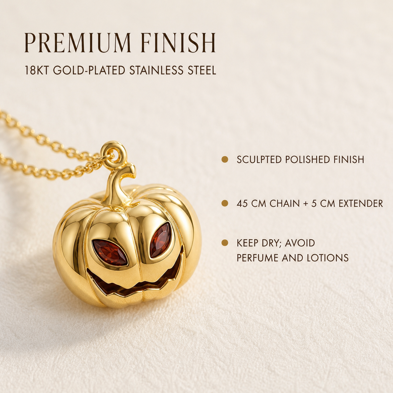Material and care details for personalised Halloween pumpkin necklace