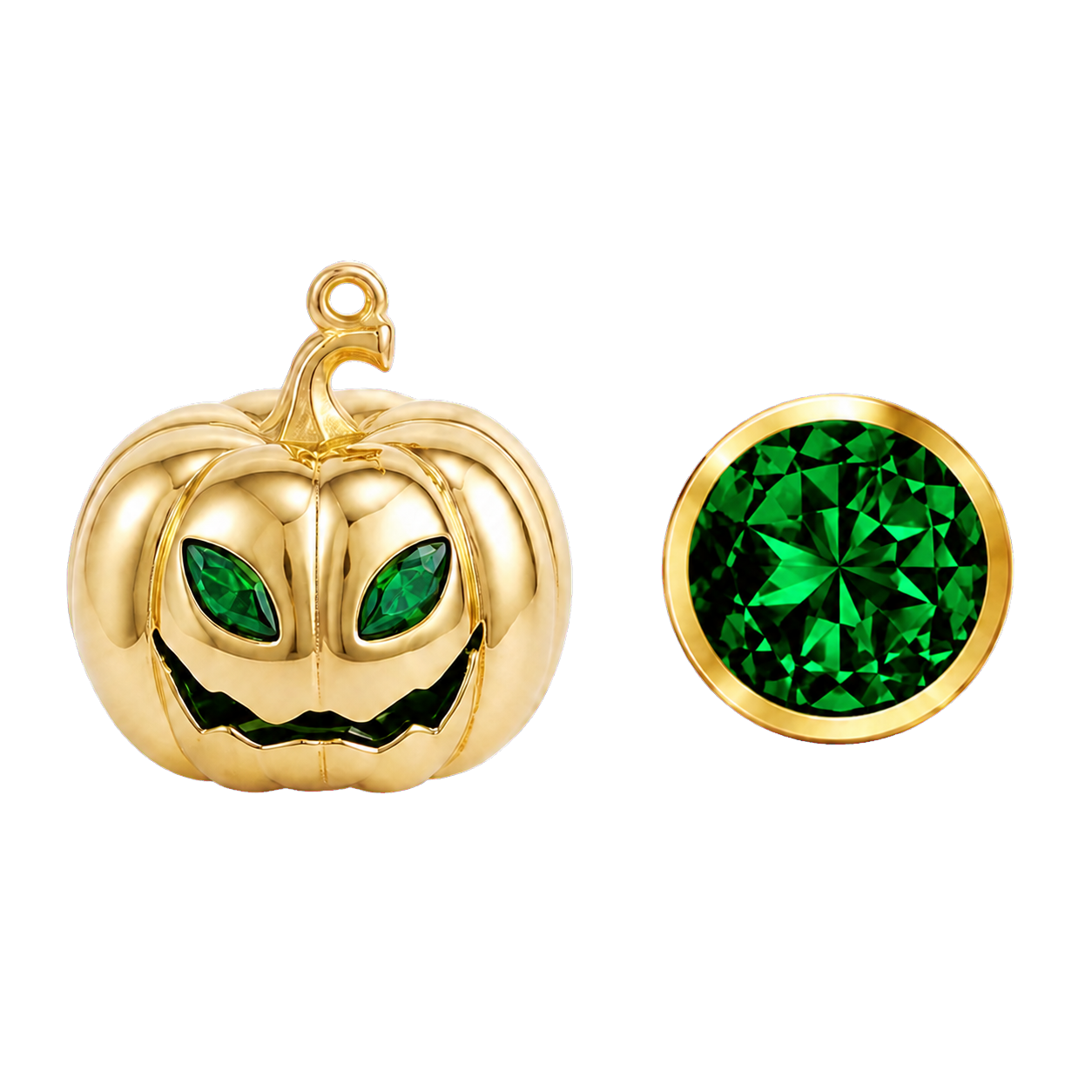 Personalised Halloween pumpkin necklace with May Emerald eyes and matching gemstone