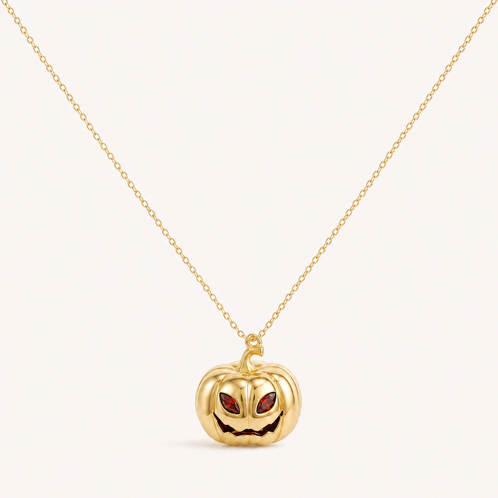 Personalised Halloween Birthstone Pumpkin Necklace with January Garnet eyes