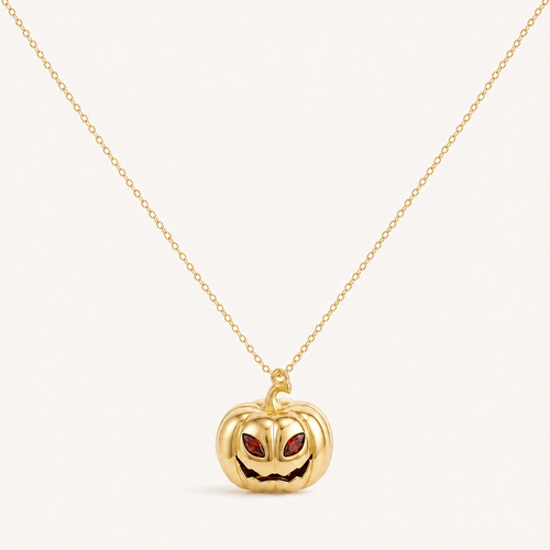 Personalised Halloween Birthstone Pumpkin Necklace with January Garnet eyes