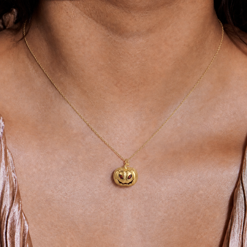 Personalised Halloween Birthstone Pumpkin Necklace worn on model