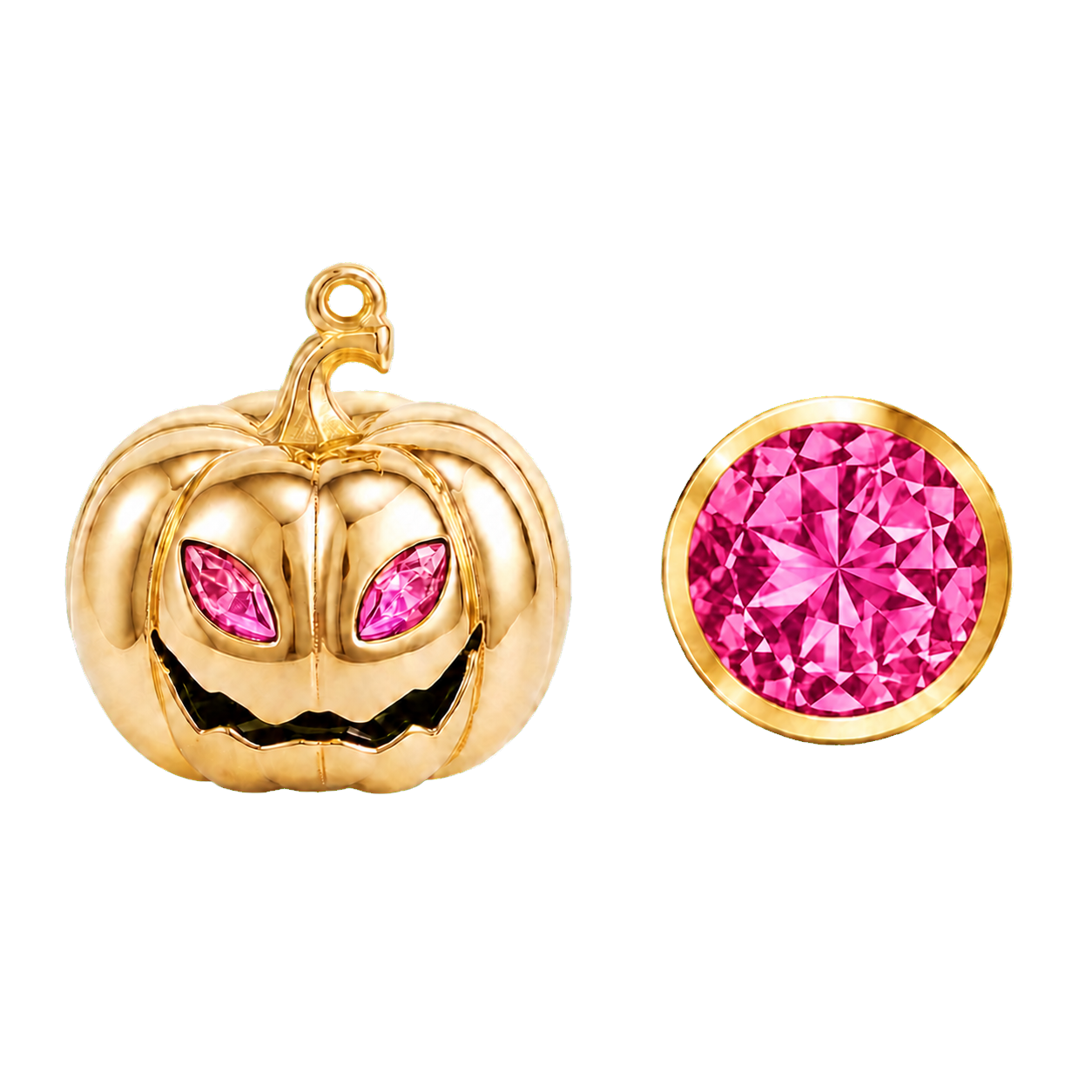 Personalised Halloween pumpkin necklace with October Pink Tourmaline eyes and matching gemstone