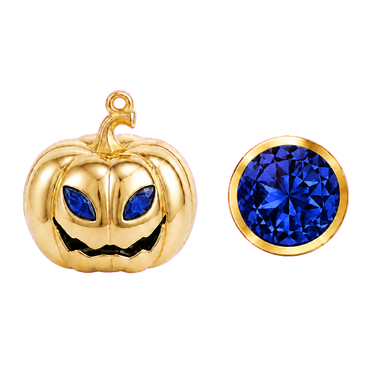 Personalised Halloween pumpkin necklace with September Sapphire eyes and matching gemstone