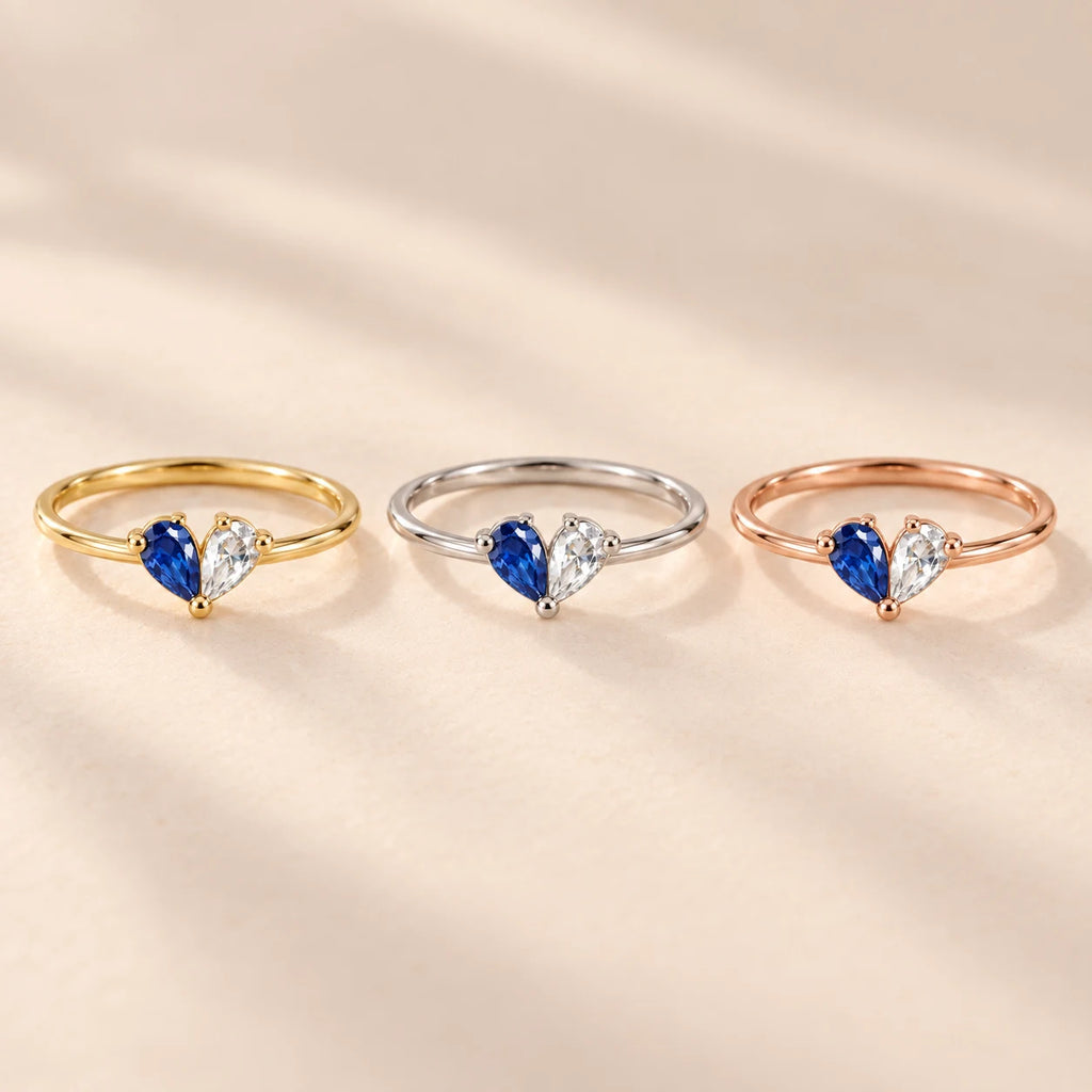 Two-birthstone heart ring in Gold, Silver and Rose Gold finishes