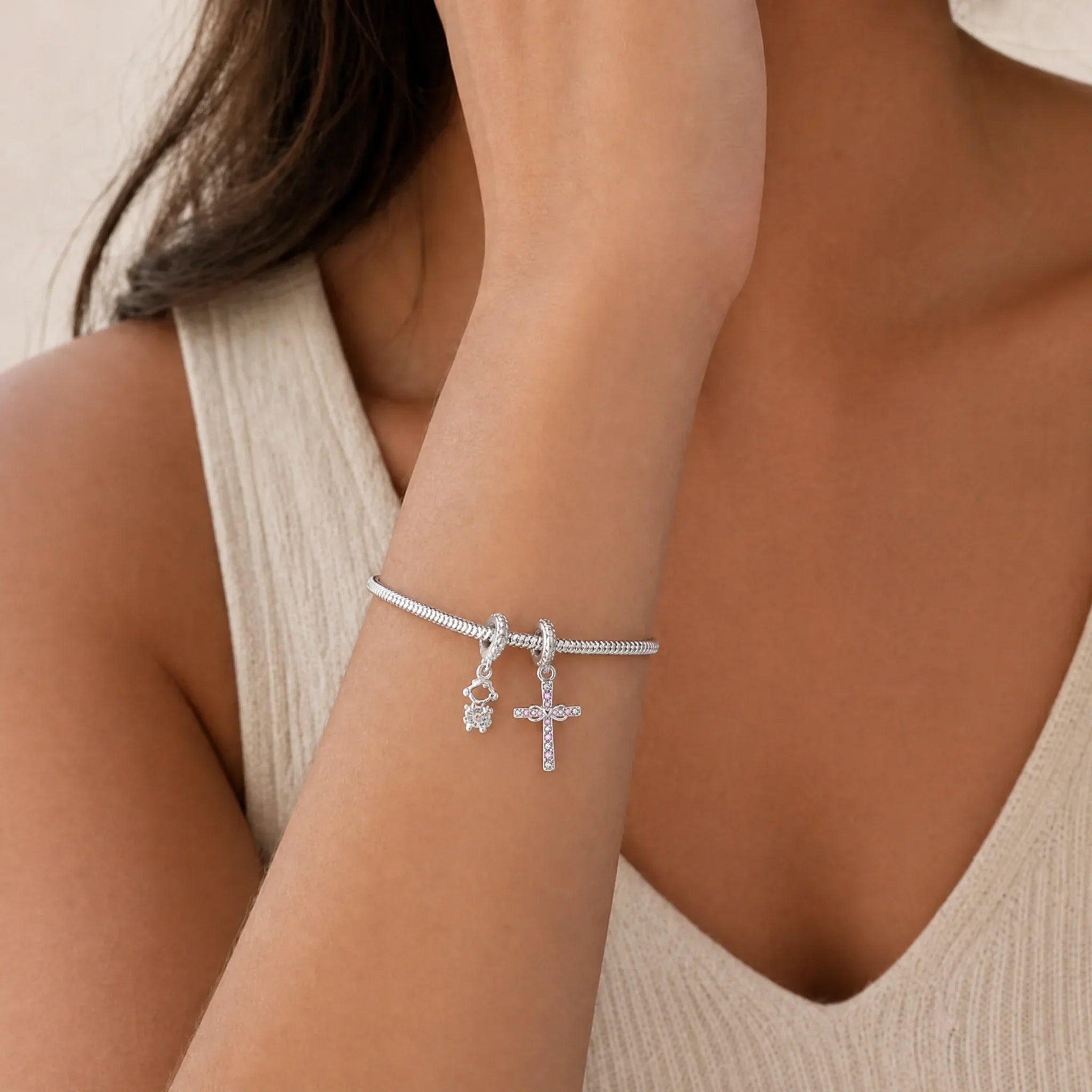 Pink Crystal Cross Dangle Charm lifestyle jewelry image