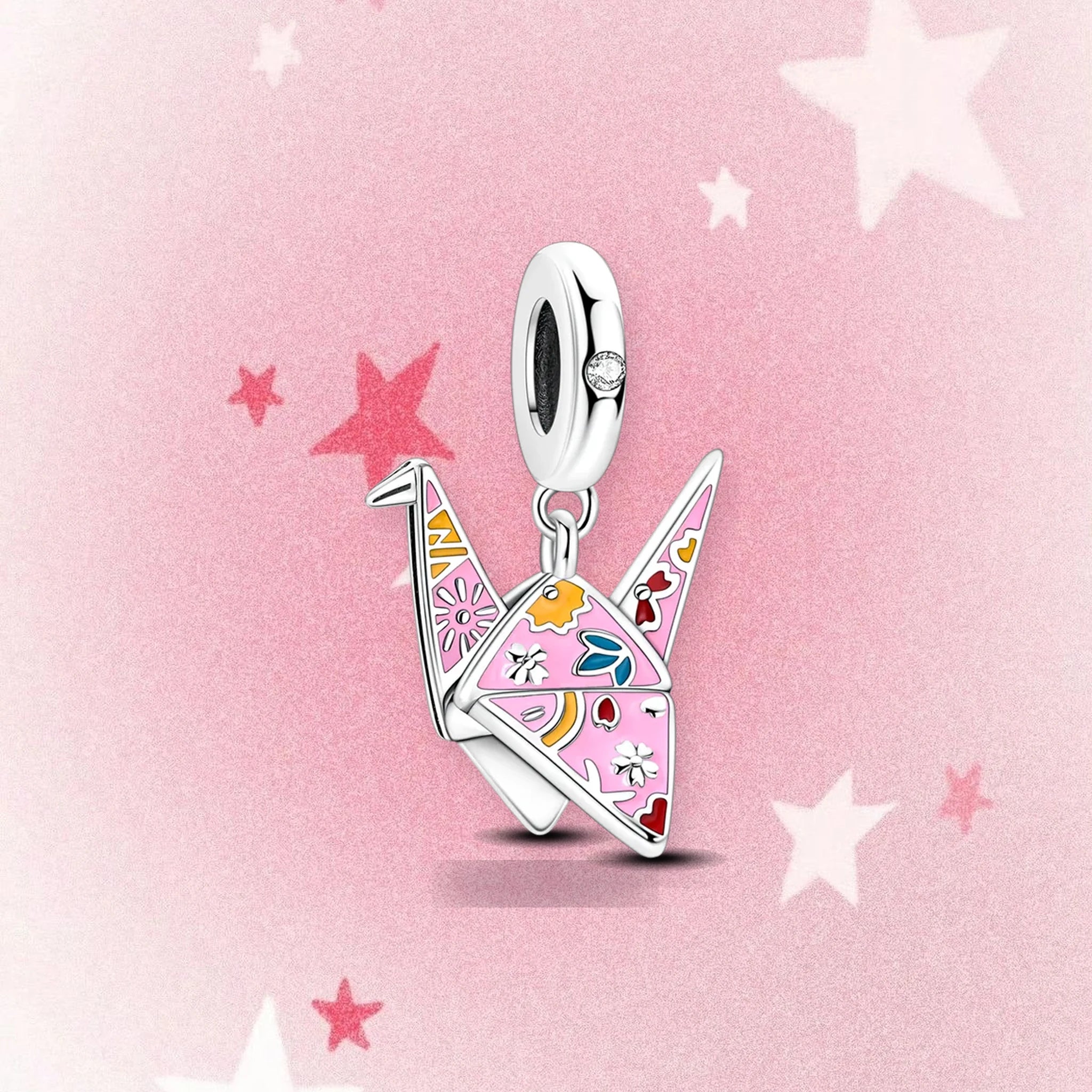 CALEO Japanese charm thumbnail - Pink Origami Crane Dangle Charm - pink star background - 2026-07-22