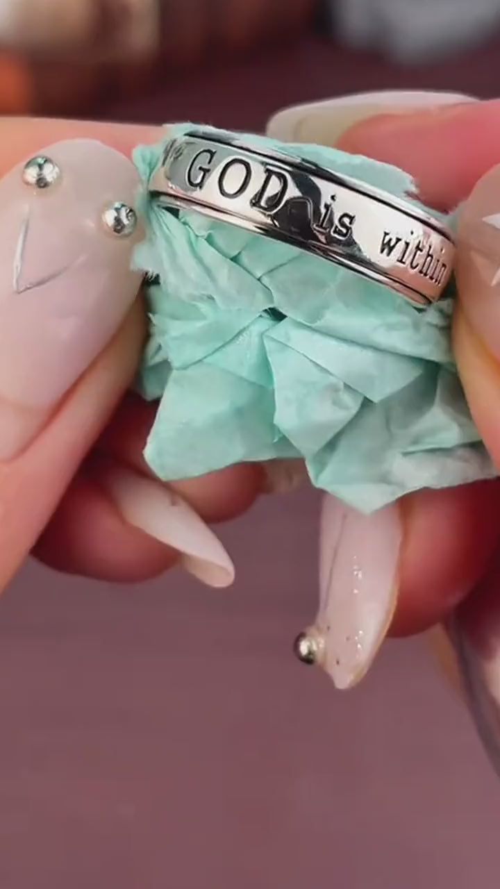 Close-up of the Psalm 46:5 engraving on the She Will Not Fall Ring