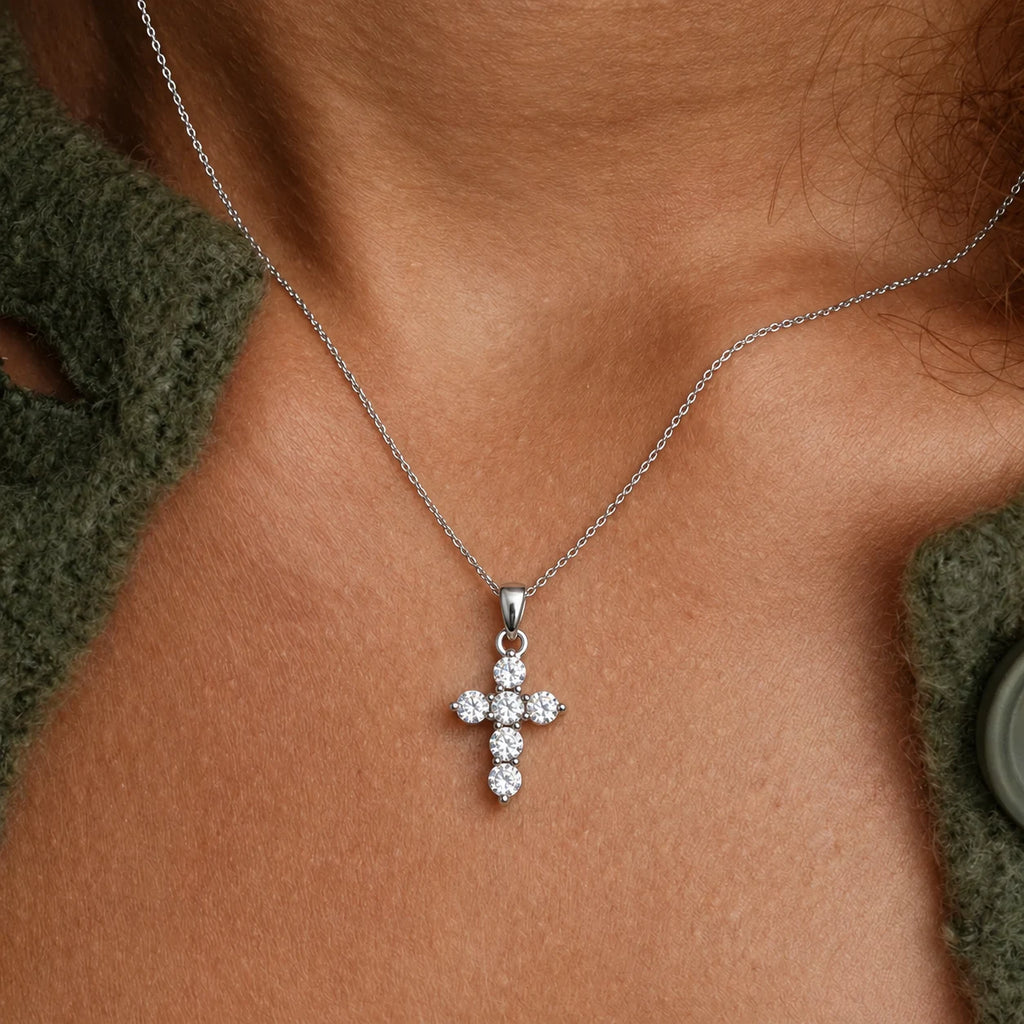 Quiet Faith Crystal Cross Necklace - quiet faith silver worn