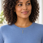 Quiet Grace Cross Necklace - lifestyle gold blue knit
