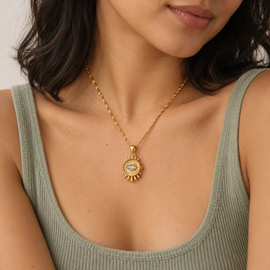 Radiant Eye Medallion Necklace - lifestyle gold sage