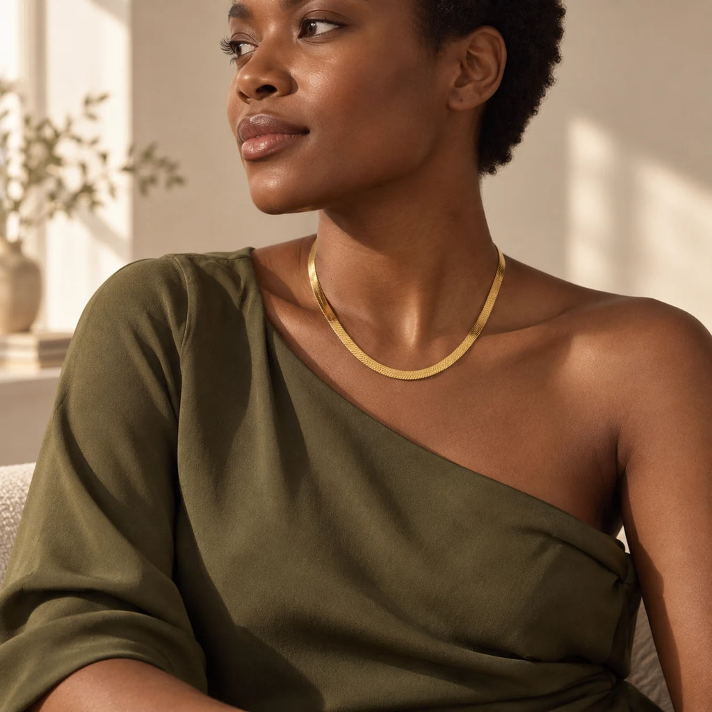 Radiant Herringbone Choker - lifestyle gold olive neckline