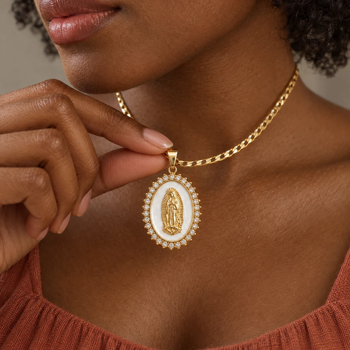 Radiant Mary Medallion Necklace - lifestyle pinching bail
