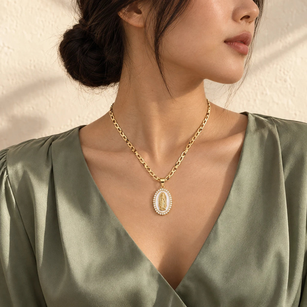 Radiant Mary Medallion Necklace - lifestyle sage blouse