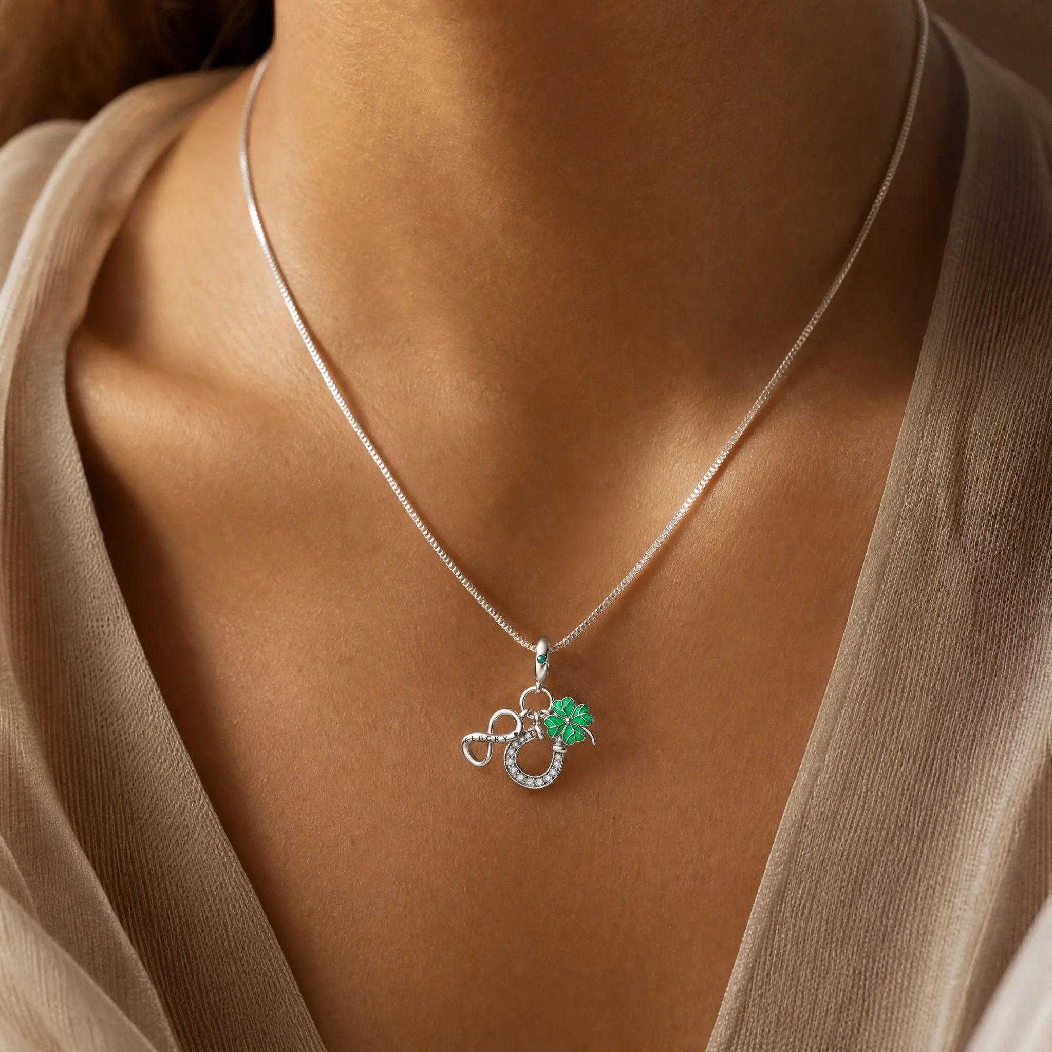 CALEO lifestyle necklace image - Lucky Horseshoe & Clover Dangle Charm - 2026-07-22