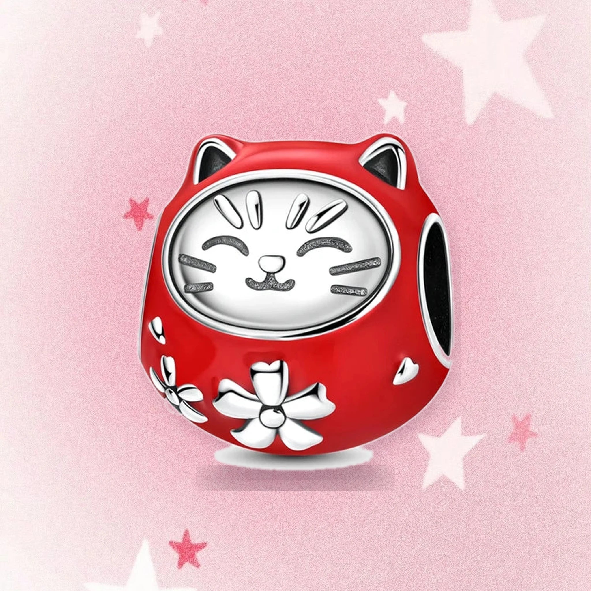 CALEO Japanese charm thumbnail - Red Lucky Cat Charm - pink star background - 2026-07-22