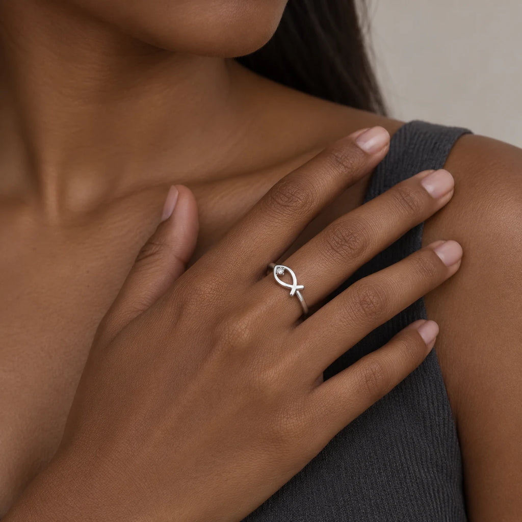 Sacred Ichthys Ring - lifestyle silver hand