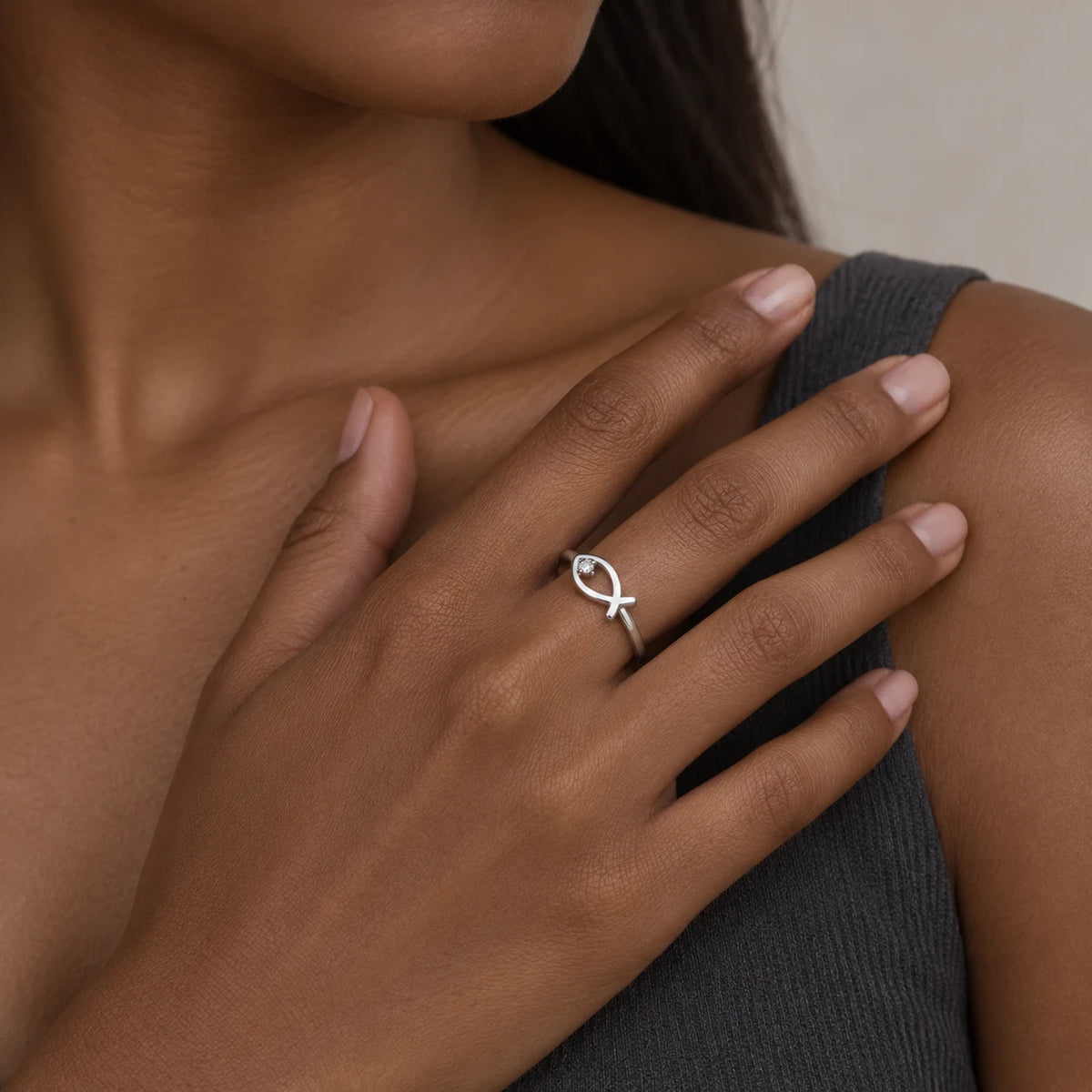 Sacred Ichthys Ring - lifestyle silver hand