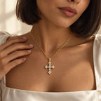 Sacred Light Cross Necklace - lifestyle ivory satin