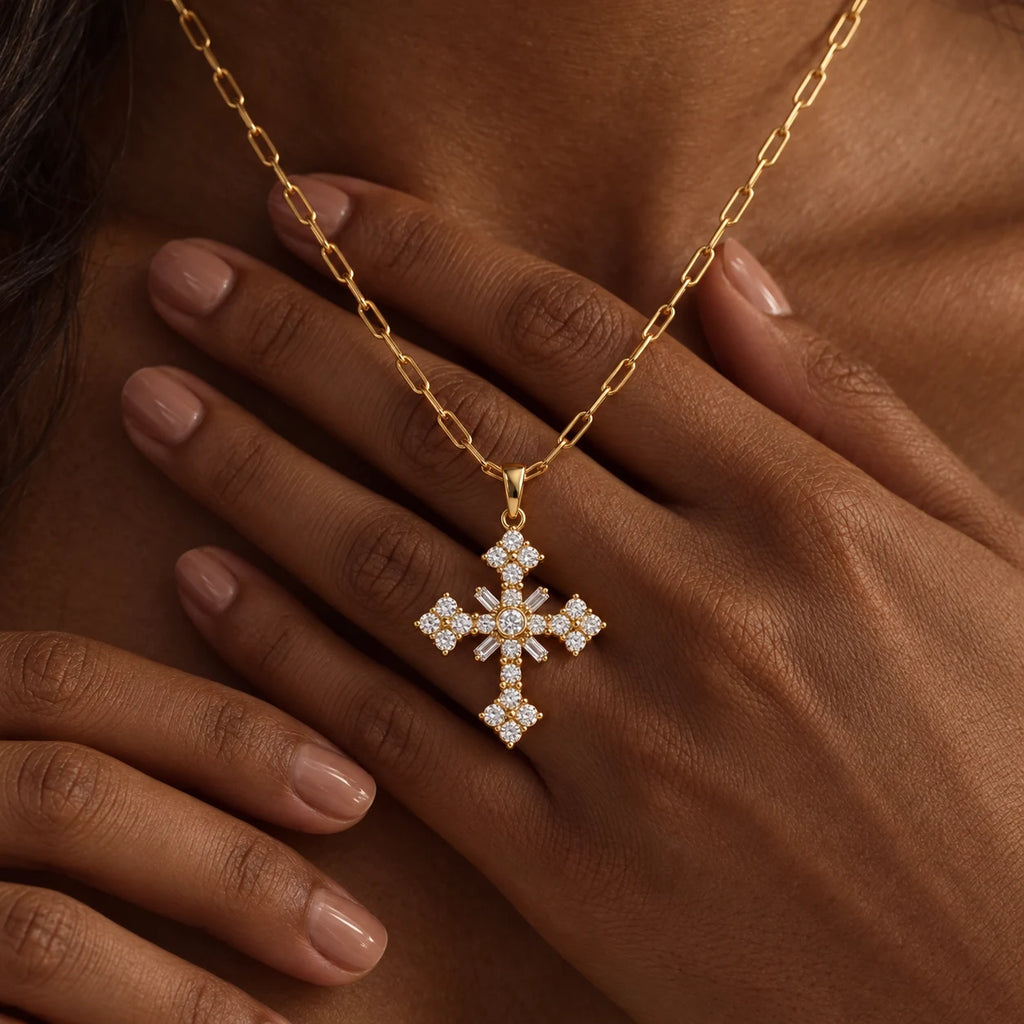 Sacred Radiance Cross Necklace - lifestyle gold hands